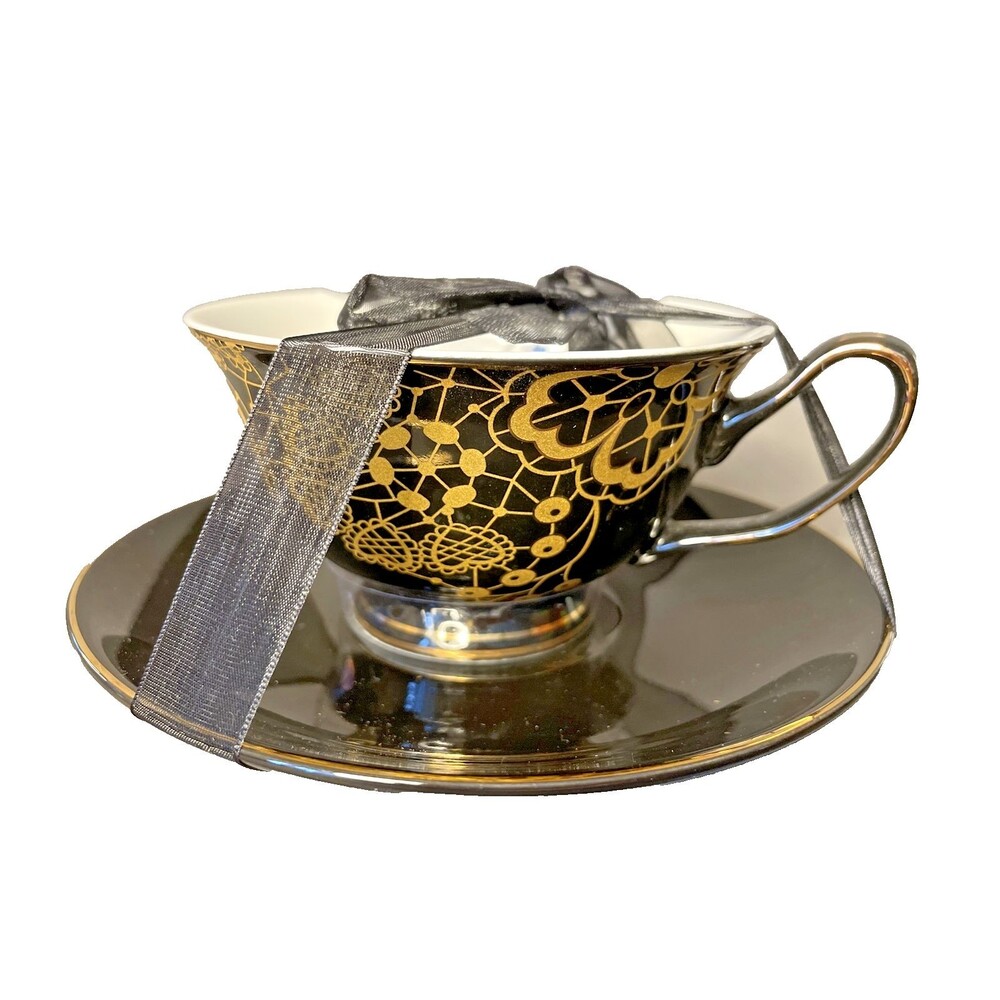 Occult  Halloween Teacup Saucer Set Web Skeleton Black W Gold Sketch Dinnerware